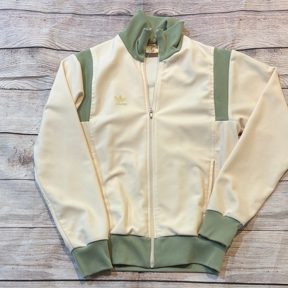 Vintage 80s 90s Adidas Cream and Olive Bomber Jacket Minimalist Atheleisure